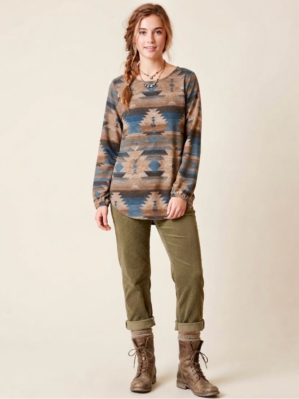 Bombom Granola Girl Aztec Print Long Sleeve Top S NWT Boho